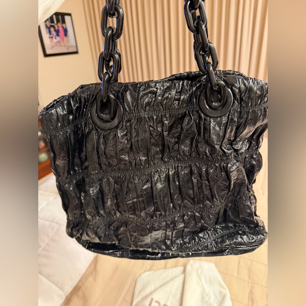 Prada Black Textured Shoulder Bag with large chain shoulder strap - Picture 2 of 7